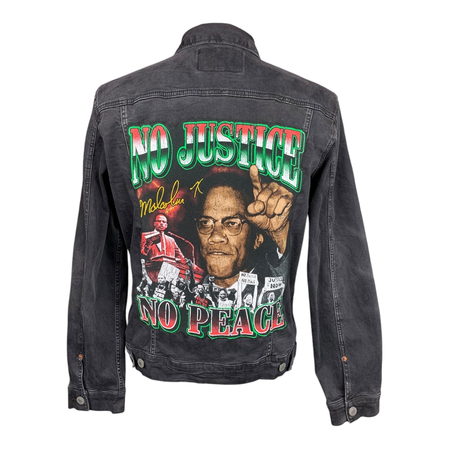 No Justice, No Peace Malcolm X Denim Jacket Custom Rework Size Large