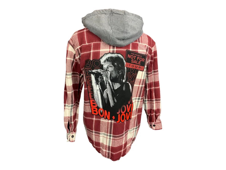 Bon Jovi Hooded Flannel Shirt Custom Rework XL