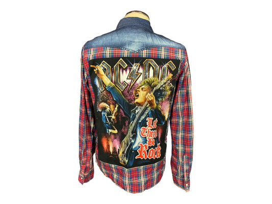 AC DC Plaid Denim Shirt Custom Rework L