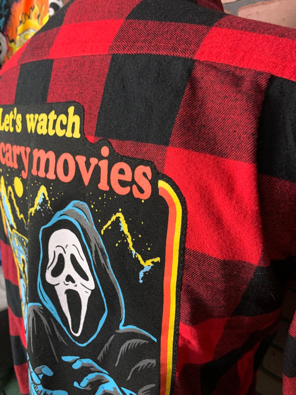 Ghostface Lets Watch Scary Movies Flannel Shirt Custom Rework L