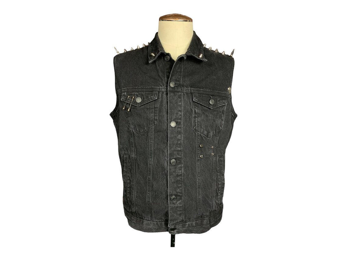 Midnight Denim Vest Custom Rework Stud Spike Chains L