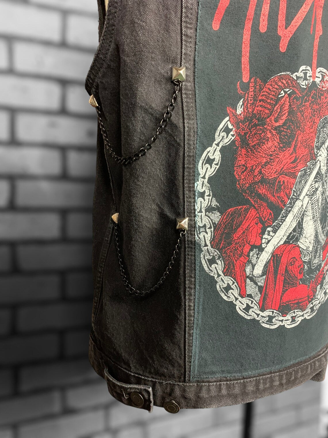 Midnight Denim Vest Custom Rework Stud Spike Chains L