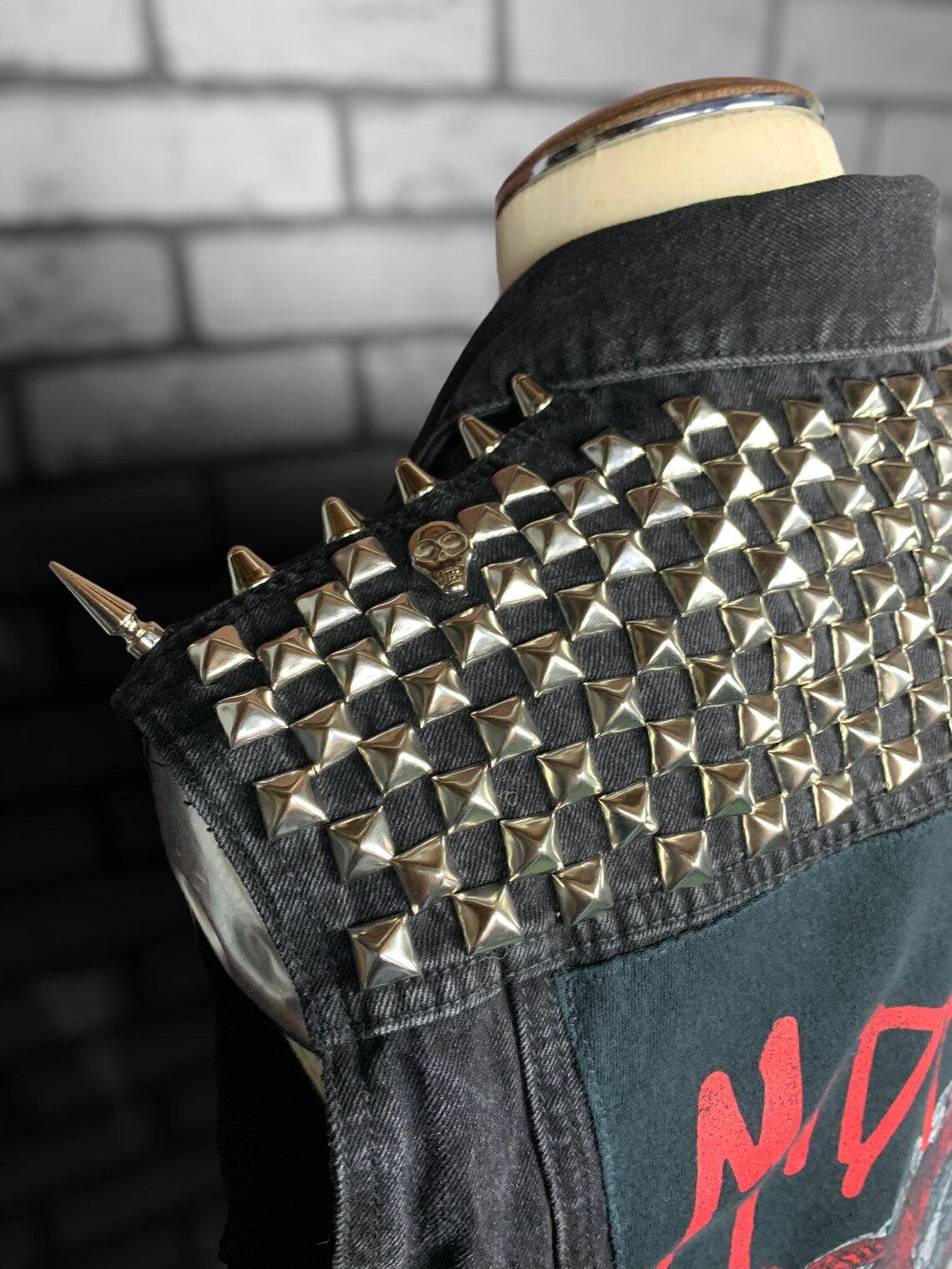 Midnight Denim Vest Custom Rework Stud Spike Chains L