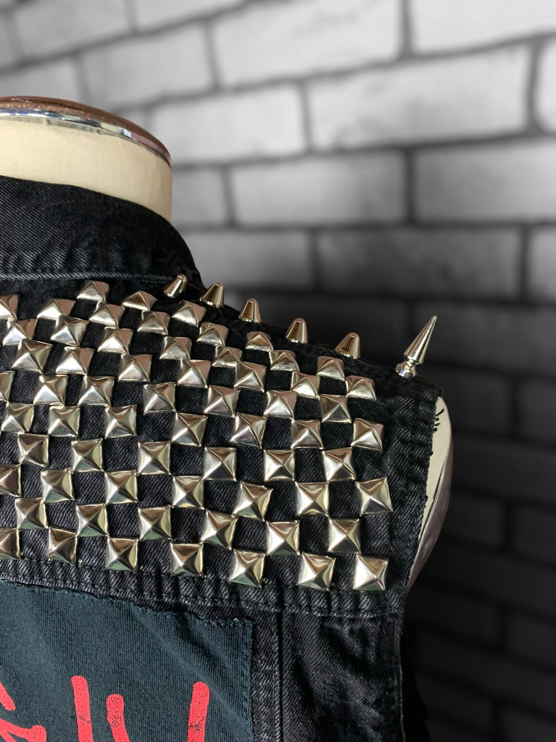 Midnight Denim Vest Custom Rework Stud Spike Chains L