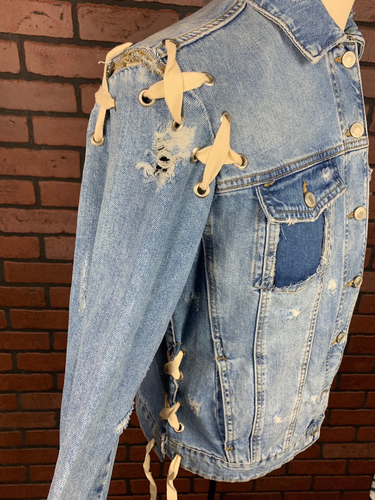 The Exorcist Torn and Tied Jean Jacket Custom Rework S