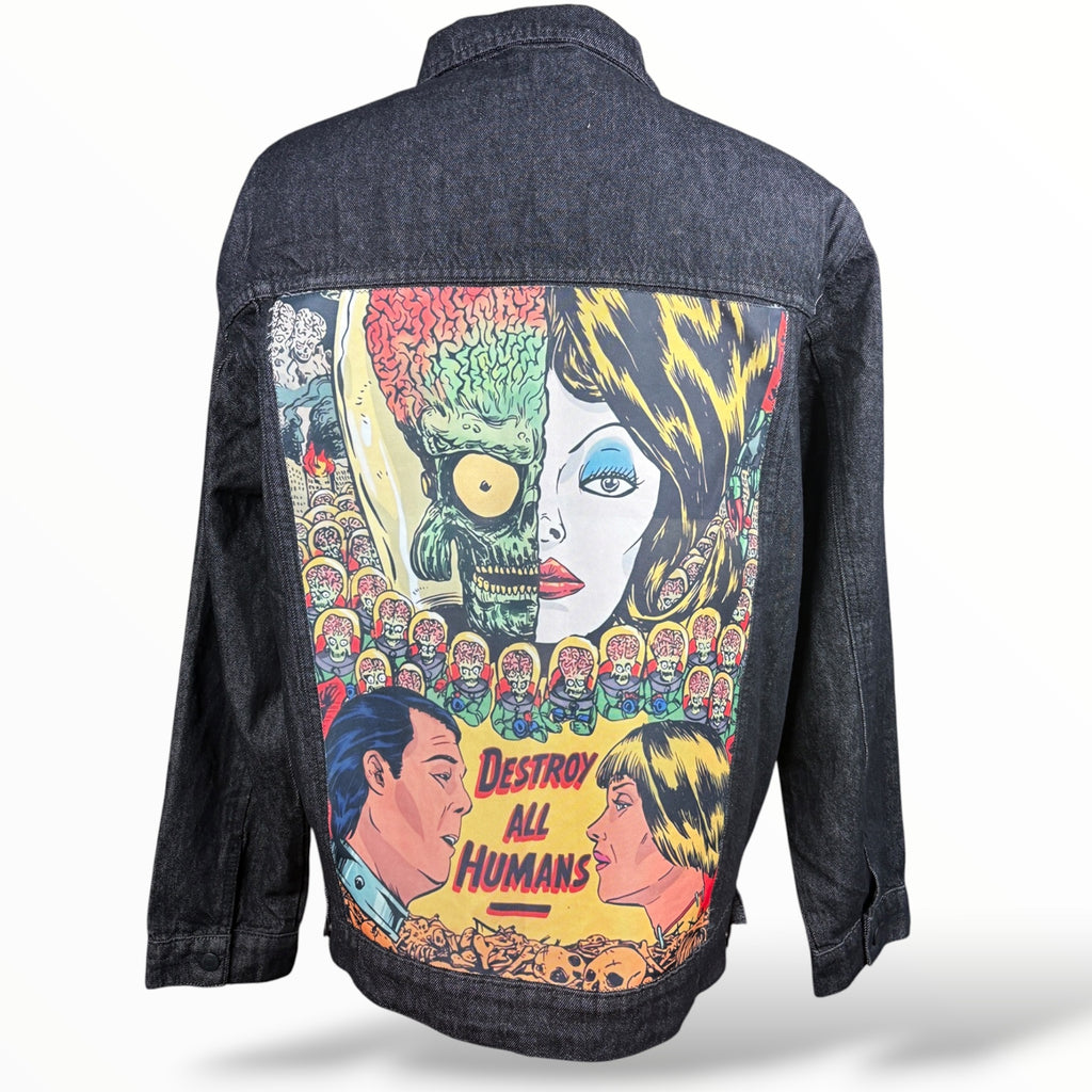 Mars Attacks Destroy All Humans graphic on XL black denim jacket back