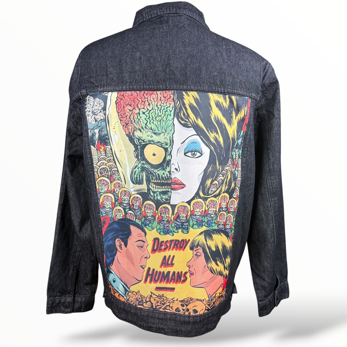 Mars Attacks Destroy All Humans graphic on XL black denim jacket back