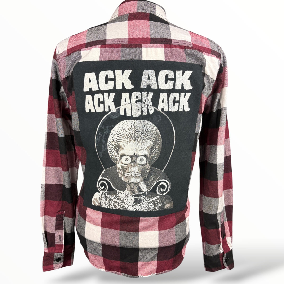 Back of Mars Attacks! Ack Ack red plaid reworked flannel
