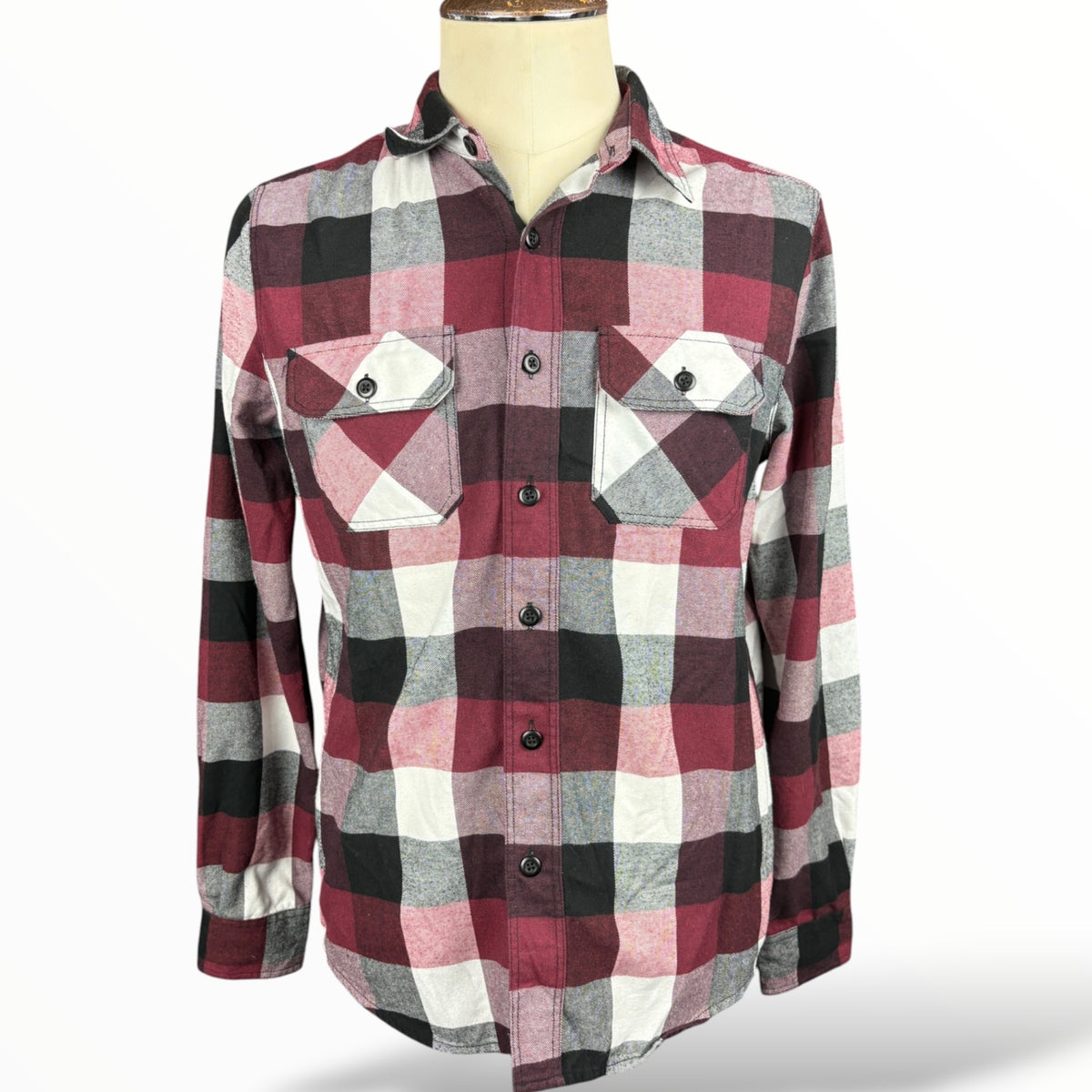 Front of red black and white plaid flannel