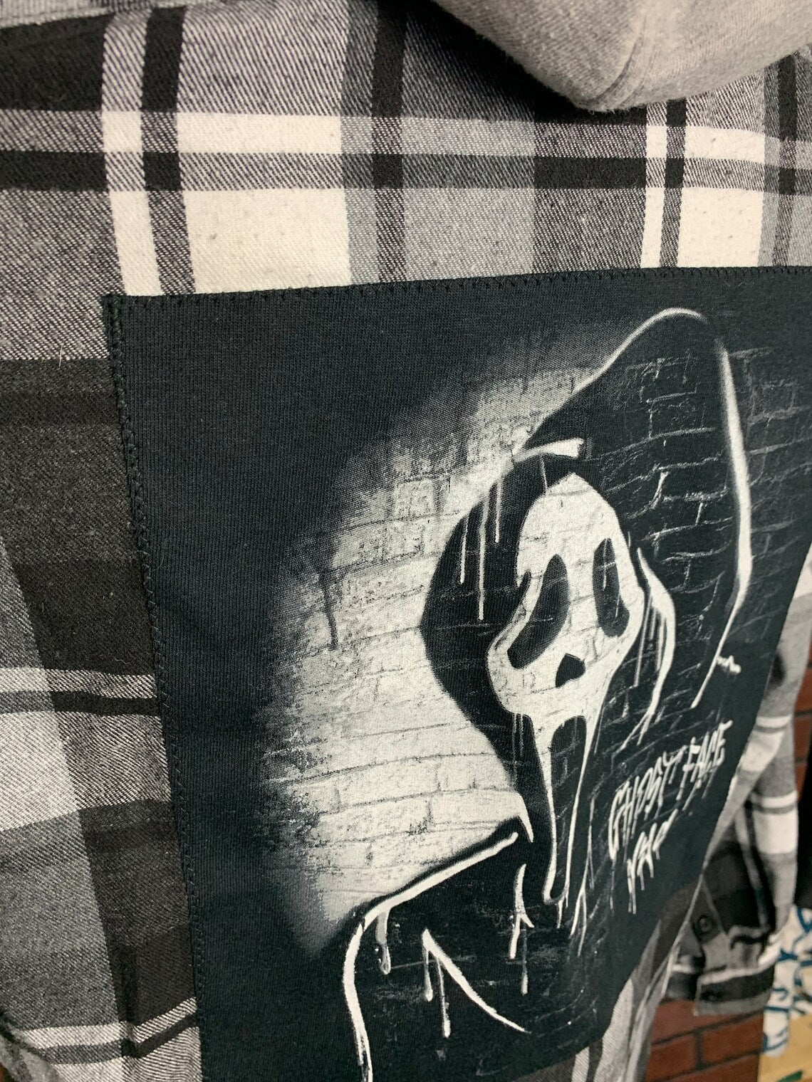 Ghostface Hooded Flannel Shirt Custom Rework M