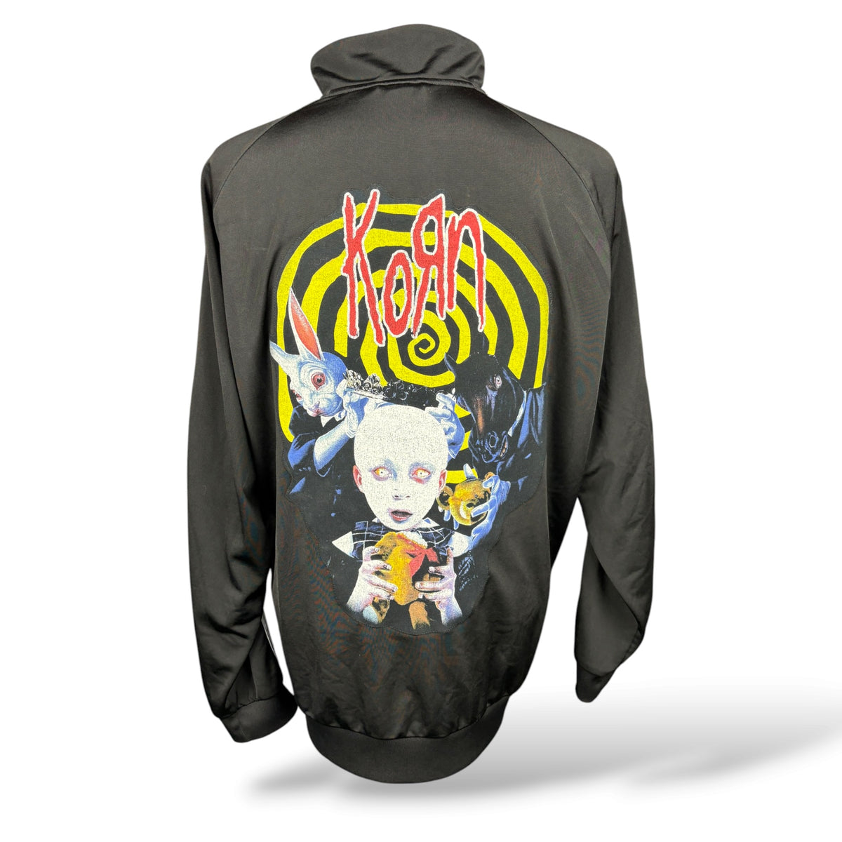 Back of upcycled Korn Adidas track jacket featuring Korn graphic