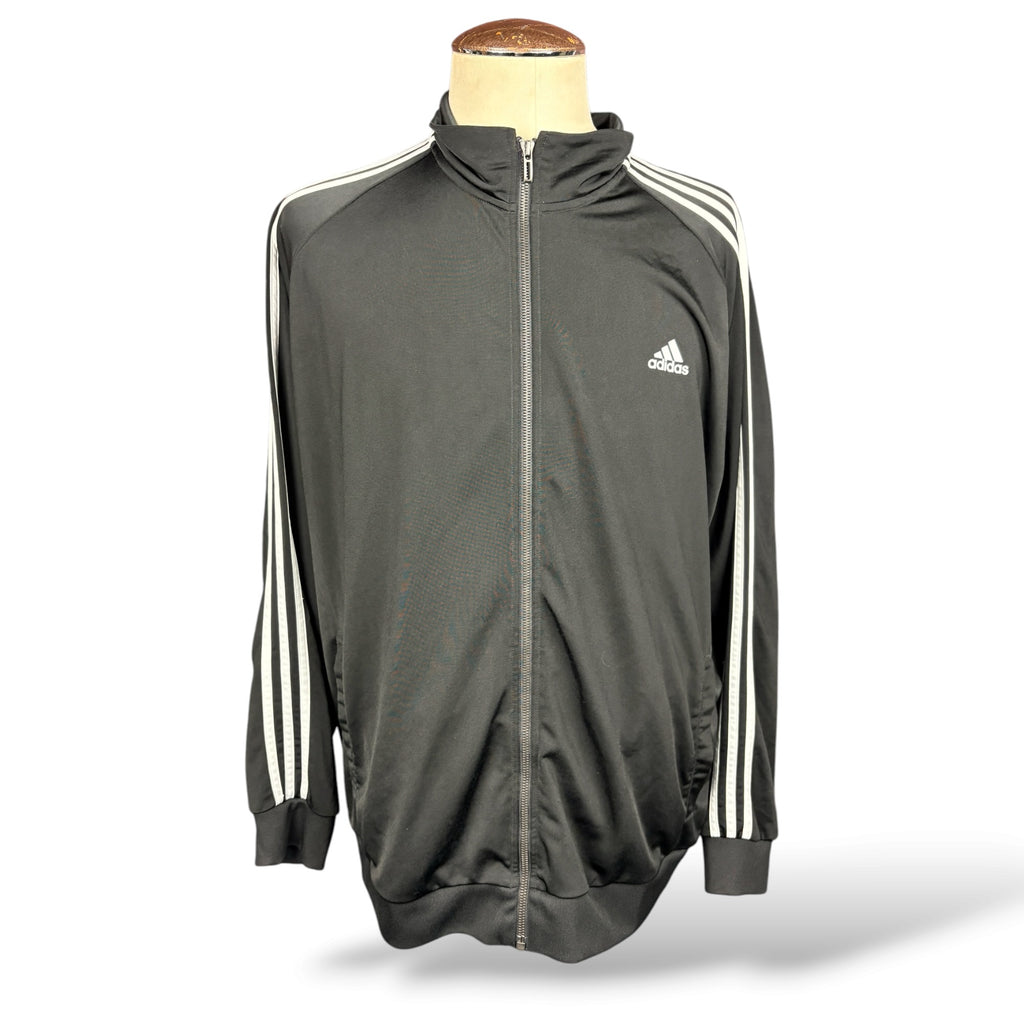 Front of black Adidas track jacket with white sleeve stripes