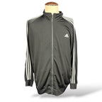 Front of black Adidas track jacket with white sleeve stripes