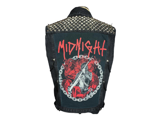 Midnight Denim Vest Custom Rework Stud Spike Chains L