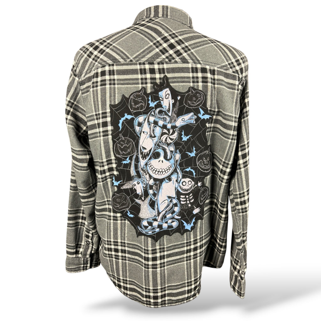 Back of gray plaid reworked Nightmare Before Christmas flannel with Halloween character artwork