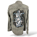 Back of gray plaid reworked Nightmare Before Christmas flannel with Halloween character artwork