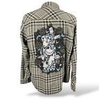 Back of gray plaid reworked Nightmare Before Christmas flannel with Halloween character artwork