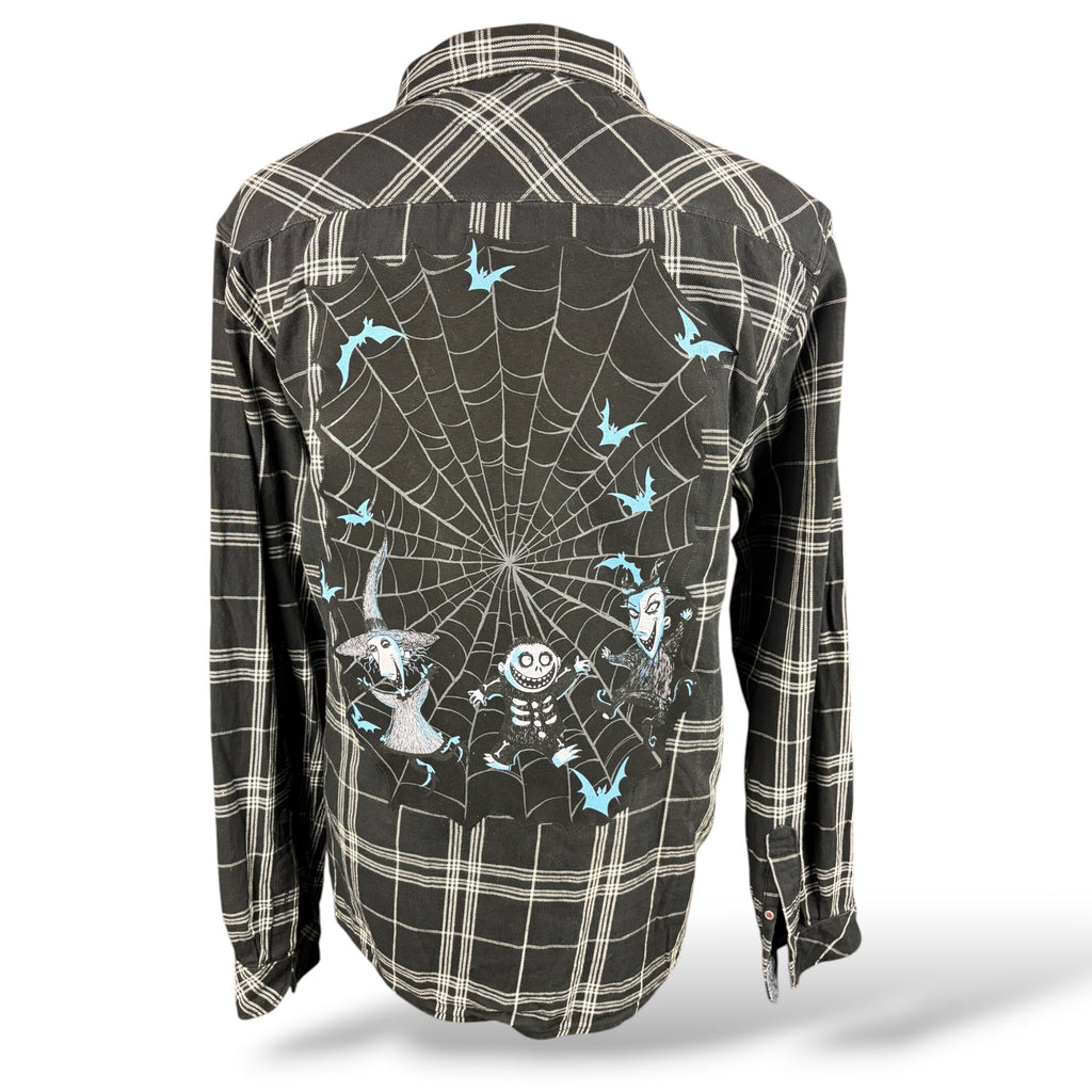 Nightmare Before Christmas reworked black plaid flannel, back spiderweb graphic
