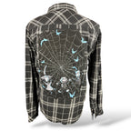 Nightmare Before Christmas reworked black plaid flannel, back spiderweb graphic