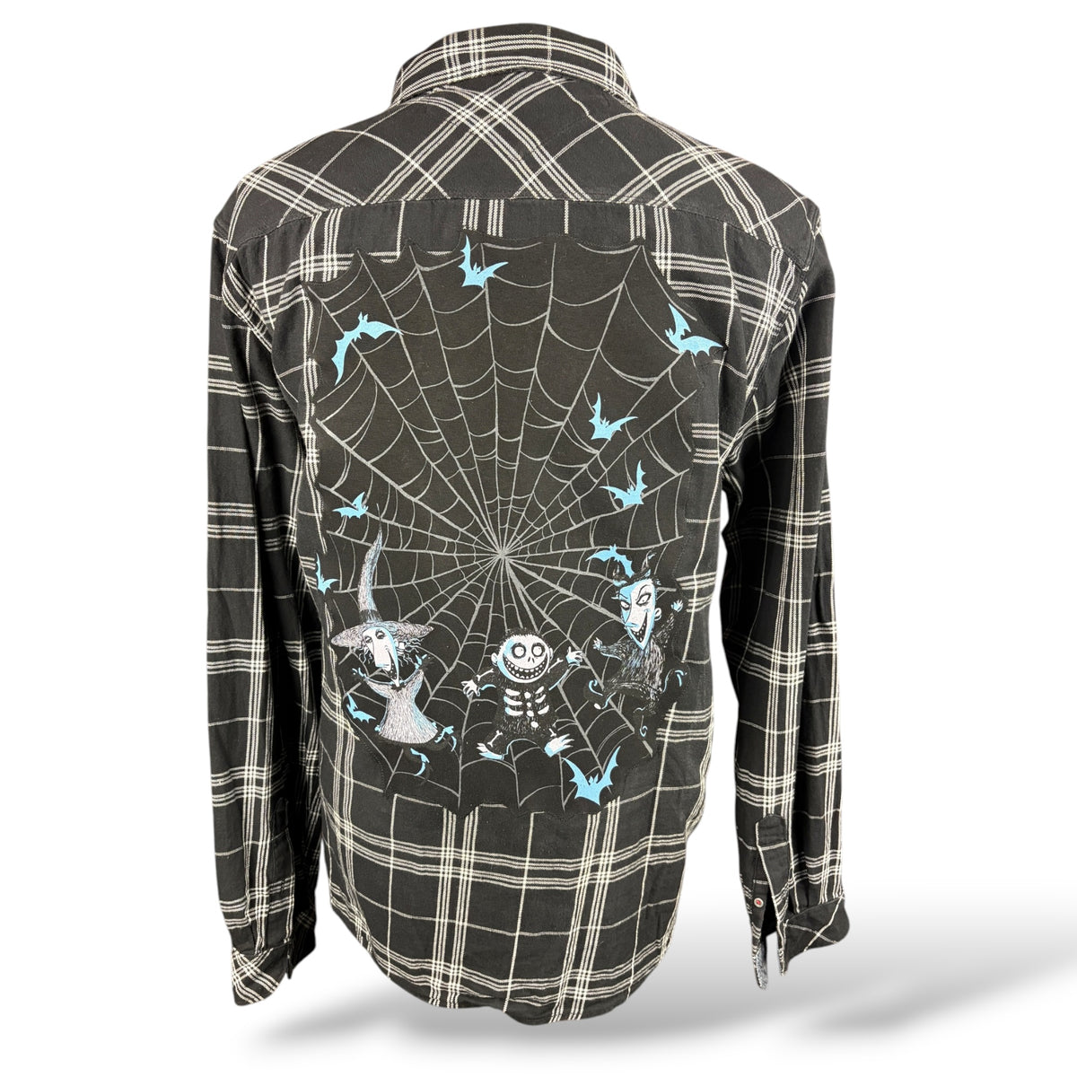 Nightmare Before Christmas reworked black plaid flannel, back spiderweb graphic