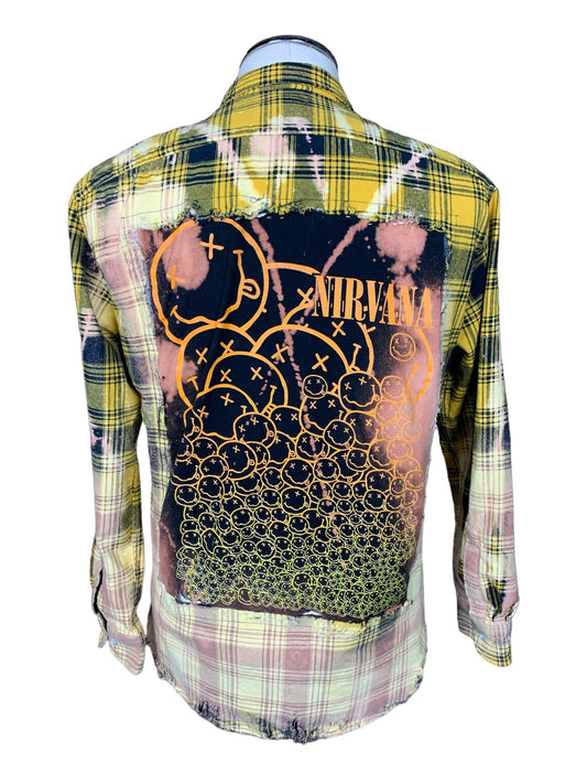 Nirvana Flannel Shirt Custom Rework Bleached & Distressed L