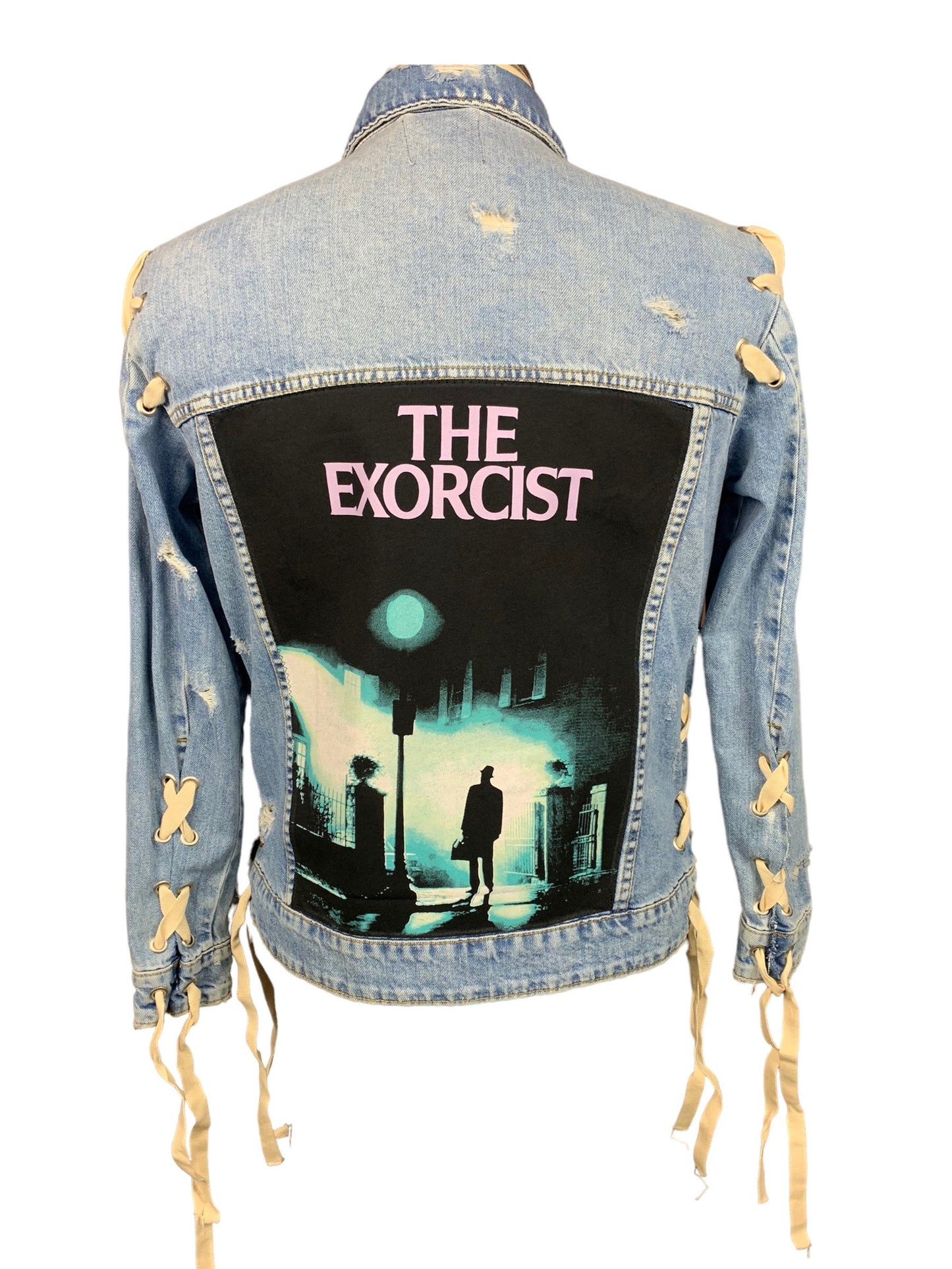 The Exorcist Torn and Tied Jean Jacket Custom Rework S