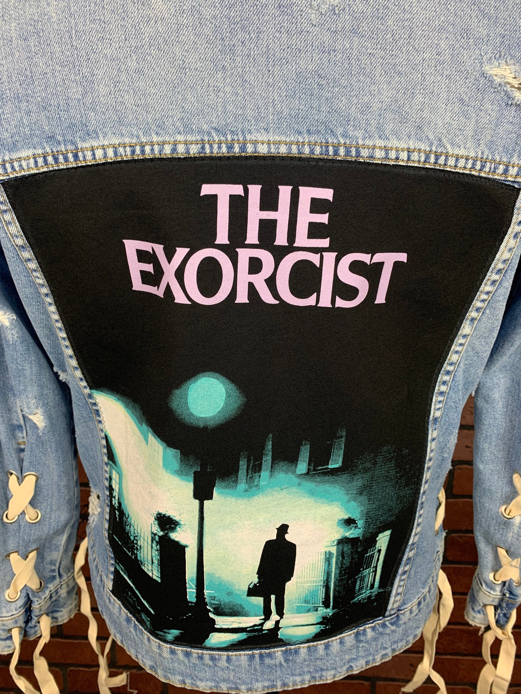 The Exorcist Torn and Tied Jean Jacket Custom Rework S